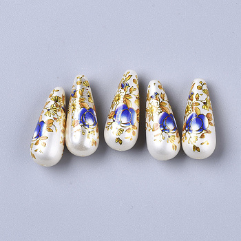 Printed Resin Beads, Imitation Pearl, teardrop, with Flower Pattern, Blue, 32x13mm, Hole: 1.5mm