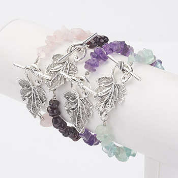 Natural Mixed Stone Chip Bracelets, with Tibetan Style Alloy Leaf Toggle Clasps, 7-5/8 inch(195mm)