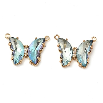 Brass Pave Faceted Glass Connector Charms, Golden Tone Butterfly Links, Light Cyan, 17.5x23x5mm, Hole: 0.9mm