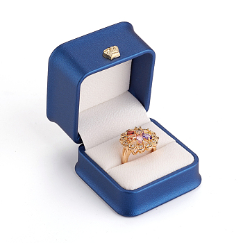 PU Leather Ring Gift Boxes, with Golden Plated Iron Crown and Velvet Inside, for Wedding, Jewelry Storage Case, Blue, 5.85x5.8x4.9cm