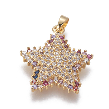 Brass Cubic Zirconia Pendant, Star, Colorful, Golden, 24x22x3mm, Hole: 4mm