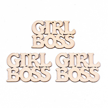 Undyed Natural Wooden Pendants, Laser Cut Shapes, Word Girl Boss, Antique White, 42.5x63x2mm, Hole: 1.6mm