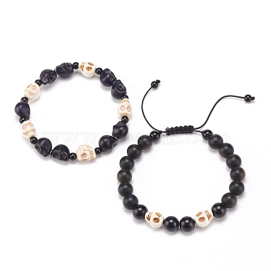 2Pcs 2 Style Natural Golden Sheen Obsidian & Mixed Gemstone Skull Braided Bead Bracelets Set(BJEW-JB08382)-4