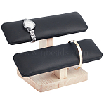 PU Leather 2-Tier T-Bar Bracelet Display Stands with Wooden Base, Jewelry Organizer Holder for Watch, Bracelet, Black, 19.7x12.4x13.2cm(BDIS-WH0010-09B)