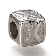 304 Stainless Steel European Beads, Large Hole Beads, Horizontal Hole, Cube with Letter, Stainless Steel Color, Letter.X, 8x8x8mm, Hole: 4.5mm(OPDL-L020-001X)