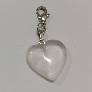 Heart Natural Quartz Crystal Pendant Decorations, with Brass Lobster Claw Clasps and Iron Ring, Platinum, 43mm(HJEW-PH01132-16)