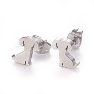 304 Stainless Steel Puppy Stud Earrings, Hypoallergenic Earrings, with Ear Nuts/Earring Back, Dog Silhouette, Stainless Steel Color, 7x8mm, Pin: 0.8mm, 12pairs/card(EJEW-F227-05P)