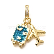 Brass Enamel Airplane & Luggage European Dangle Charms, Large Hole Pendants, Real 18K Gold Plated, Rack Plating, Cadmium Free & Lead Free, Deep Sky Blue, 35.5mm, Hole: 4.5mm(KK-M309-22G)