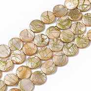Drawbench Freshwater Shell Beads Strands, Dyed, Flat Round, PeachPuff, 10.5~11.5x2~3mm, Hole: 1mm, about 32pcs/Strand, 14.17 inch~14.45 inch(SHEL-T014-012F)