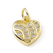 Brass Micro Pave Clear Cubic Zirconia Heart Charms, with Open Jump Rings, Real 18K Gold Plated, 10x9.5x2.5mm, Jump Ring: 4.5x0.7mm, Inner Diameter: 3mm (ZIRC-F132-58G)