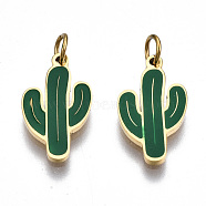 316 Surgical Stainless Steel Enamel Pendants, with Jump Rings, Cactus, Green, Real 14K Gold Plated, 15x8.5x1mm, Jump Ring: 3.8x0.6mm, 2.6mm inner diameter(STAS-S116-408G)