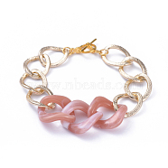 Chain Bracelets, with Aluminum Curb Chains, Acrylic Linking Rings and Alloy Toggle Clasps, Light Gold, Rosy Brown, 7-5/8 inch(19.5cm)(X-BJEW-JB05176-02)