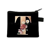 Initial Letter with Flower Cosmetic Bag, Polyester Wallets with Zipper, Black Change Purse, Clutch Bag for Women, Letter T, 11x13.5cm(PW-WG1F7F6-17)