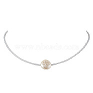 Glass Seed Beaded Necklaces, with Plastic Imitation Pearl Beads, Flat Round, Azure, 16.54 inch(420mm)(NJEW-JN04921)