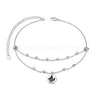 SHEGRACE Rhodium Plated 925 Sterling Silver Charm Anklets, with Plastic, Cable Chains and Round Beads, Hexagon with Fishtail Shape, Platinum, 8-1/4 inch(21cm)(JA167A)