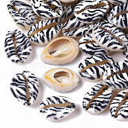 Printed Natural Cowrie Shell Beads, No Hole/Undrilled, with Zebra-stripe Pattern, Black, 18~21x12~15x7mm(SSHEL-R047-01-B01)