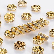 Brass Rhinestone Spacer Beads, Grade A, Wavy Edge, Golden Metal Color, Rondelle, Crystal, 8x3.8mm, Hole: 1mm(RB-A014-L8mm-01G)