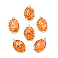 Resin Foil Pendants, with Light Gold Tone Alloy Findings, Oval, Dark Orange, 23.5x15.5x7.5mm, Hole: 1.6mm(RESI-D054-01LG-01)