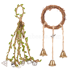 2Pcs 2 Style  Rattan & Iron Witch Bells, with Hemp Rope, for Door Knob, Wind Chimes, Witchcraft Decor Protection Bells, Mixed Color, 320~330mm, 1pc/style(AJEW-GF0005-88)