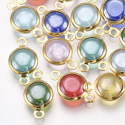 Handmade Lampwork Links connectors, with 304 Stainless Steel Findings, Flat Round, Golden, Mixed Color, 12x7x3mm, Hole: 1.5mm(STAS-T045-15A-G)