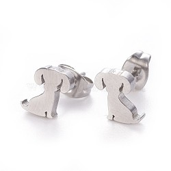 Tarnish Resistant 304 Stainless Steel Puppy Stud Earrings, Hypoallergenic Earrings, with Ear Nuts/Earring Back, Dog Silhouette, Stainless Steel Color, 7x8mm, Pin: 0.8mm, 12pairs/card(EJEW-F227-05P)