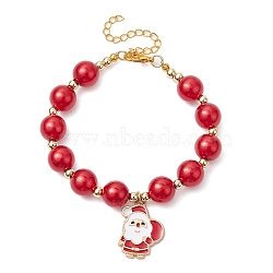 Christmas Theme ABS Plastic Imitation Pearl Link & Charm Bracelets, with Alloy Finding, Santa Claus, Golden, 7 inch(17.7cm)(BJEW-JB11115)