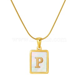 Stainless Steel Snake Bone Chain Alphabet Necklace with Shell Pendant, Letter P, Golden(WD3660-16)