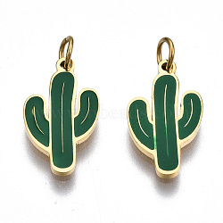 316 Surgical Stainless Steel Enamel Pendants, with Jump Rings, Cactus, Green, Real 14K Gold Plated, 15x8.5x1mm, Jump Ring: 3.8x0.6mm, 2.6mm inner diameter(STAS-S116-408G)