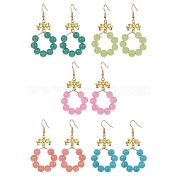 Imitation Jade Glass Beaded Ring Dangle Earrings, Golden Alloy Bowknot Long Drop Earrings, Mixed Color, 63x32mm(EJEW-JE05567)