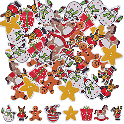 Gorgecraft 2 Bags Christmas Theme Printed Wooden Buttons, 2-Hole, Mixed Shapes, Mixed Color, 24~27x12~27x2~2.5mm, Hole: 1.2mm, 50pcs/bag(BUTT-GF0001-40)