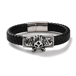 Men's Braided Black PU Leather Cord Bracelets, Halloween Skull 304 Stainless Steel Link Bracelets with Magnetic Clasps, Antique Silver, 8-5/8 inch(21.8cm)(BJEW-K243-16AS)