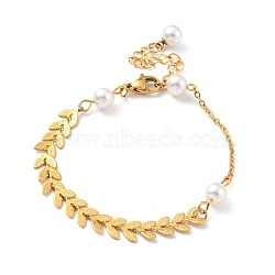 Acrylic Pearl Round Beaded Bracelet with Cob Chains, Vacuum Plating 304 Stainless Steel Jewelry for Women, Golden, 6-1/4 inch(16cm)(BJEW-G640-08G)
