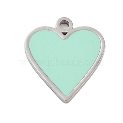 304 Stainless Steel Enamel Pendants, Heart Charm, Aquamarine, Stainless Steel Color, 18x16x1mm, Hole: 1.8mm(STAS-Z078-23P)