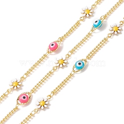 Enamel Flower & Glass Horse Eye Link Chains, with Real 18K Gold Plated Brass Ball Chains, Soldered, with Spools, Cadmium Free & Lead Free, Colorful, 6x10x3.5mm, 7x13x2.5mm, 16x2.5x1mm(CHC-P009-15G)