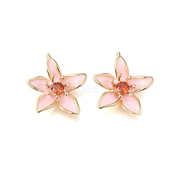 Brass Enamel Pendants, with Glass, Real 18K Gold Plated, Flower Charm, Pink, 19x16x5mm, Hole: 1mm(KK-S368-13G-03)