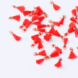 Polycotton(Polyester Cotton) Tassel Pendant Decorations, with Unwelded Iron Jump Rings, Golden, Red, 10~16x2mm, Hole: 1.5mm(X-OCOR-S102-03)