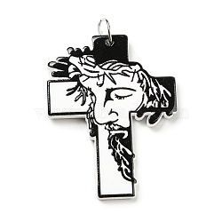 Embossed Printed Acrylic Pendants, with Iron Jump Ring, Cross with Man Pattern, Black, 40.5x30.5x2.5mm, Hole: 5mm(OACR-G019-02C)
