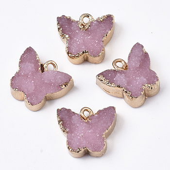 Druzy Resin Pendants, with Edge Light Gold Plated Iron Loops, Butterfly, Pale Violet Red, 14.5x16x6.5mm, Hole: 1.8mm