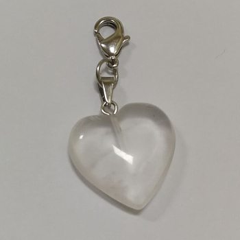 Heart Natural Quartz Crystal Pendant Decorations, with Brass Lobster Claw Clasps and Iron Ring, Platinum, 43mm