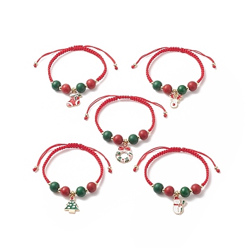 Christmas Themed Alloy Enamel Charm Bracelet, Wood Round Braided Adjustable Bracelet for Women, Mixed Shape, Mixed Color, Inner Diameter: 2-1/8~3-3/8 inch(5.5~8.5cm)