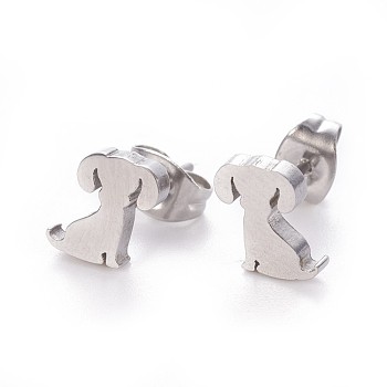 304 Stainless Steel Puppy Stud Earrings, Hypoallergenic Earrings, with Ear Nuts/Earring Back, Dog Silhouette, Stainless Steel Color, 7x8mm, Pin: 0.8mm, 12pairs/card