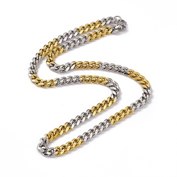 Two Tone Vacuum Plating 201 Stainless Steel Cuban Link Chain Necklace with 304 Stainless Steel Clasps for Men Women, Golden & Stainless Steel Color, 23.82 inch(60.5cm), Link: 10x8x2mm