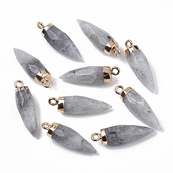 Top Golden Plated Natural Labradorite Pointed Pendants, with Iron Loops, Faceted, Bullet, 25~26x7~8mm, Hole: 1.8mm