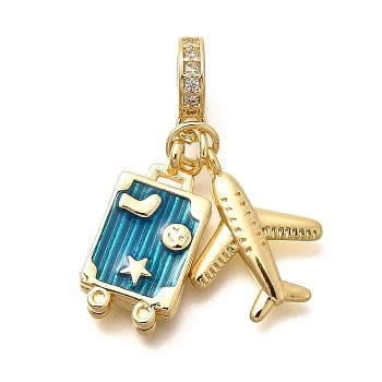 Brass Enamel Airplane & Luggage European Dangle Charms, Large Hole Pendants, Real 18K Gold Plated, Rack Plating, Cadmium Free & Lead Free, Deep Sky Blue, 35.5mm, Hole: 4.5mm