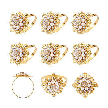 Zinc Alloy Napkin Rings, with Rhinestone and Resin Imitation Pearl, Napkin Holder Adornment, Restaurant Daily Accessiroes, Flower, Golden, Inner diameter: 49mm