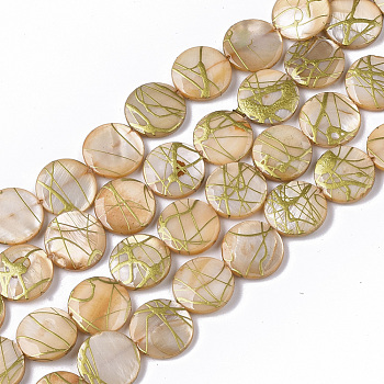 Drawbench Freshwater Shell Beads Strands, Dyed, Flat Round, PeachPuff, 10.5~11.5x2~3mm, Hole: 1mm, about 32pcs/Strand, 14.17 inch~14.45 inch