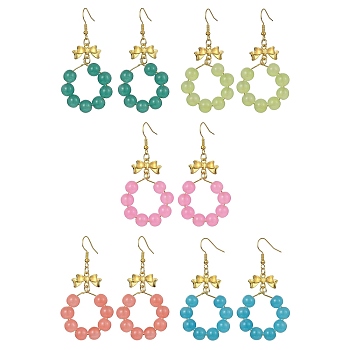 Imitation Jade Glass Beaded Ring Dangle Earrings, Golden Alloy Bowknot Long Drop Earrings, Mixed Color, 63x32mm