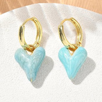 Brass Enamel Dangle Hoop Earrings for Women, Heart, Long-Lasting Plated, Rack Plating, Lead Free & Cadmium Free, Golden, Sky Blue, 27x12mm