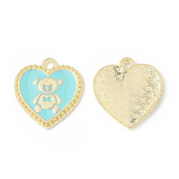 Alloy Enamel Pendants, Heart with Bear Pattern Charm, Golden, Pale Turquoise, 21x19x1.7mm, Hole: 2mm