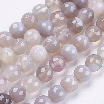 Natural Striped Agate/Banded Agate Beads Strands, Round, Faceted, Dyed, Gray, 8mm, Hole: 1mm, about 47~48pcs/strand, 14.8~15.1 inch(37.7~38.5cm)